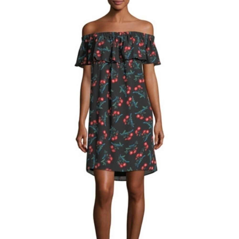 Vince Camuto Black Off-Shoulder Floral Strapless Dress with Red Accents